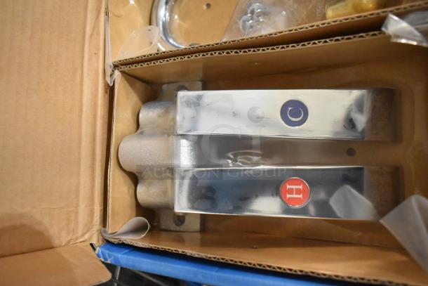 BRAND NEW BK BKKVSGS-G OptiFlow Dual Pedal Knee Valve Kit with splash mount faucet and 3-1/2" gooseneck, labeled hot/cold.