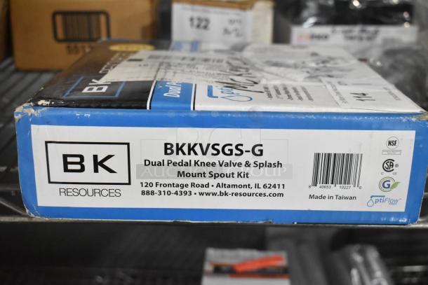 Brand new BK BKKVSGS-G OptiFlow dual pedal knee valve kit with splash mount faucet; 3-1/2" gooseneck. Box shows product details.