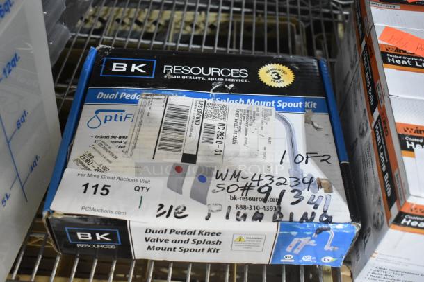 New BK Resources OptiFlow dual pedal knee valve kit with splash mount faucet, 3-1/2" gooseneck in original box.