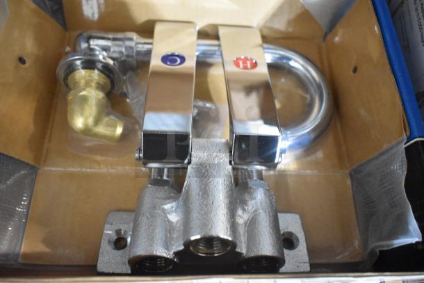 Brand new BK BKKVSGS-G OptiFlow dual pedal knee valve kit with 3-1/2" gooseneck, splash mount faucet, chrome finish.