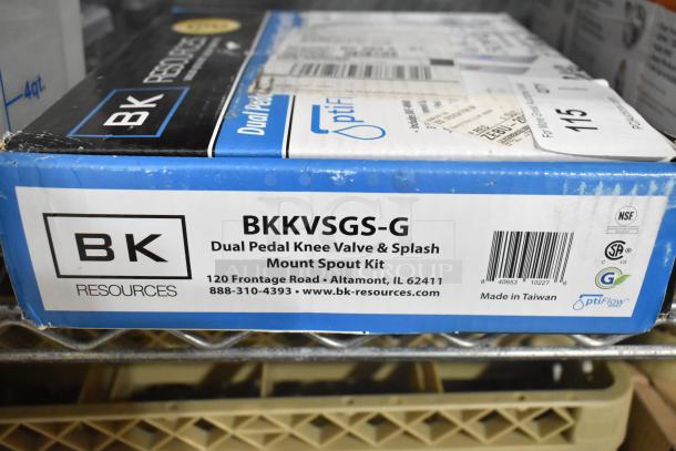 "Brand new BK BKKVSGS-G OptiFlow dual pedal knee valve kit with splash mount faucet, 3-1/2\" gooseneck, boxed."