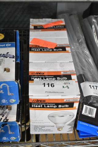Three new Winco heat lamp bulbs in boxes, model R40, clear, 250W/120V, shatter-resistant, lot tag "116 x3" seen.