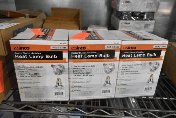 Three new Winco heat lamp bulbs, R40, 250W/120V, medium base (E26), clear, shatter-resistant, 6,000-hour lifespan.