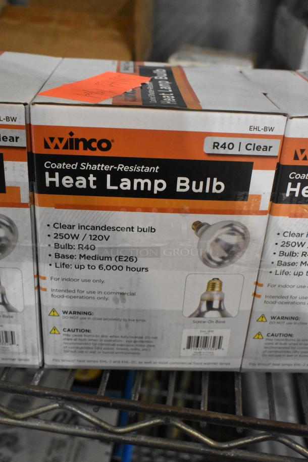 3 new Winco heat lamp bulbs, 250W, R40 clear, medium base (E26), up to 6,000 hours, shatter-resistant, for indoor use.