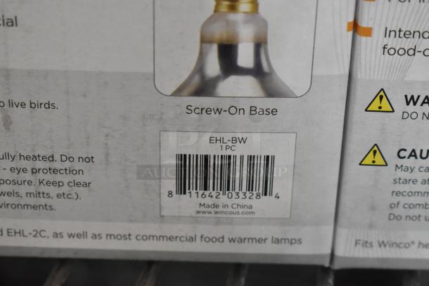Three brand new Winco heat lamp bulbs with screw-on base, model EHL-BW. Made in China, suitable for food warmer lamps.