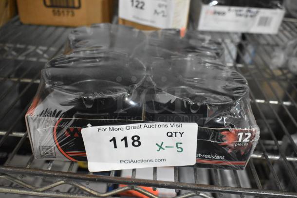 Brand new Winco ashtrays, pack of 12 in original sealed packaging, heat-resistant, labeled "118 QTY X-5" for auction.