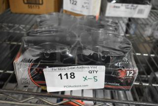 Brand new Winco ashtrays, pack of 12 in original sealed packaging, heat-resistant, labeled "118 QTY X-5" for auction.