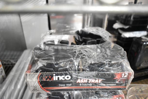 Pack of brand new Winco ashtrays, 12 pieces, labeled with deep well, 8 notches, heat-resistant.