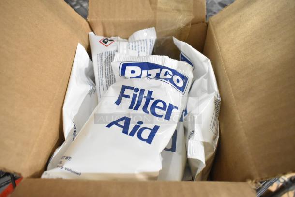 Box of three brand new Pitco Filter Aid packets, in original packaging, indicating filtration enhancement use.