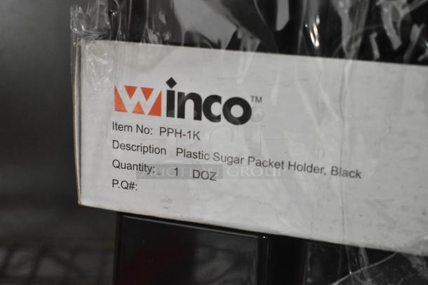 Winco PPH-1K plastic sugar packet holder caddies, brand new, black, labeled with item details, auction includes 3 sets.