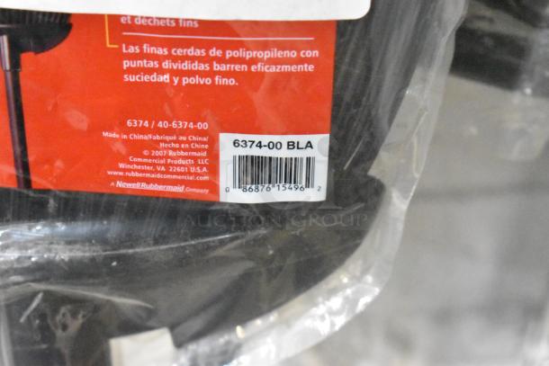 Three brand-new Rubbermaid brooms in packaging, model 6374-00 BLA, ideal for efficient cleaning, made in China.