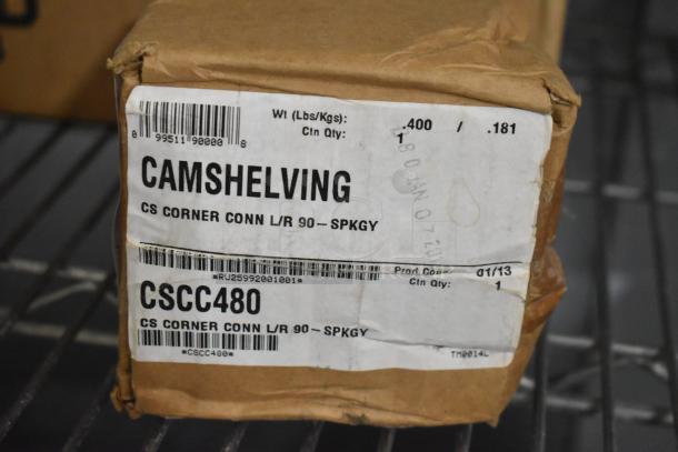 Brown box labeled "Camshelving CSCC480," containing new CS Corner Connectors L/R 90° SPKGY. Box weight: 400g.