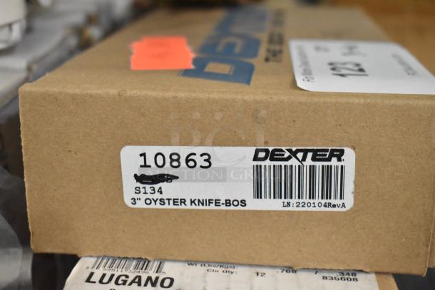 Box of Dexter 3" Oyster Knives, model S134, brand new. Features a product label with barcode and item number 10863.