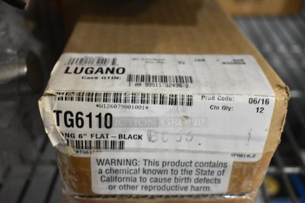 Cardboard box labeled "Lugano Cambro TG6110 Tongs, 6-inch Flat, Black." Includes warning about California chemical exposure.