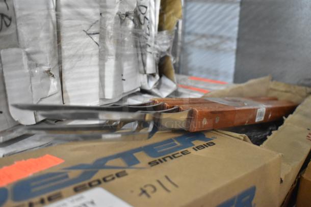 Brand new set including Dexter 3" oyster knives, Cambro TG6110 tongs, Update steak forks, and Winco SP73DS drainer shelves.