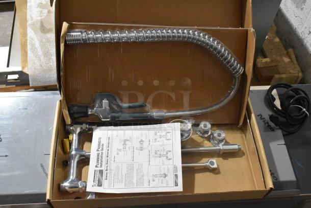 Brand new Krowne spray faucet nozzle with flexible hose and fittings. Includes installation guide in original packaging.
