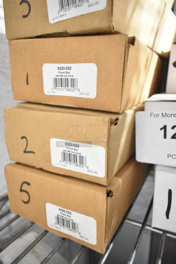 Stack of 5 new Cooper Atkins Prover 9320 boxes with labels indicating 6ft coil cord. Boxes marked with numbers 1-5.