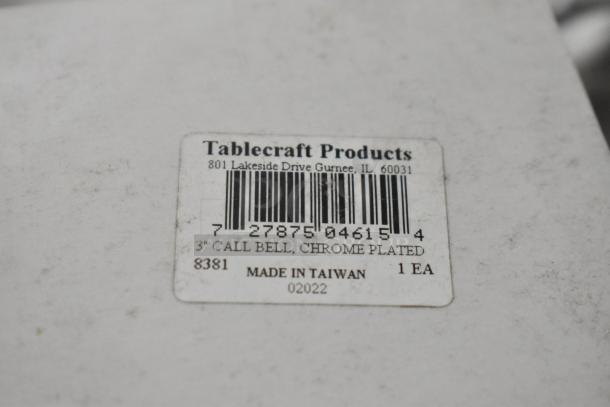 Chrome-plated Tablecraft call bell label, Model 8381, barcode, Made in Taiwan, 3-inch size indicated.