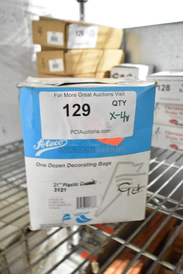 Box of Ateco decorating bags, one dozen, 21-inch plastic, brand new, with auction label and quantity notation.