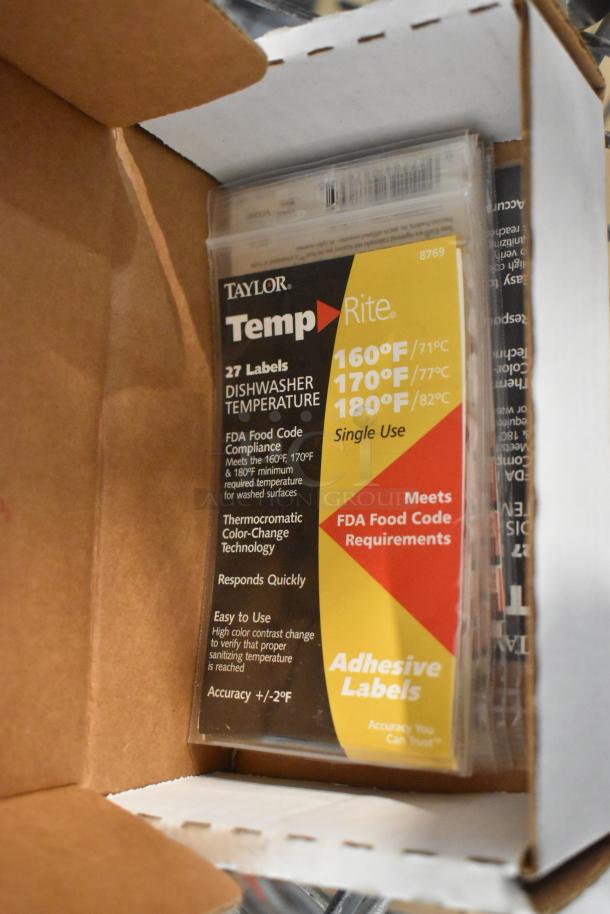 Box with Taylor TempRite labels for dishwasher temperature, FDA compliant, new condition. Includes thermochromatic technology.