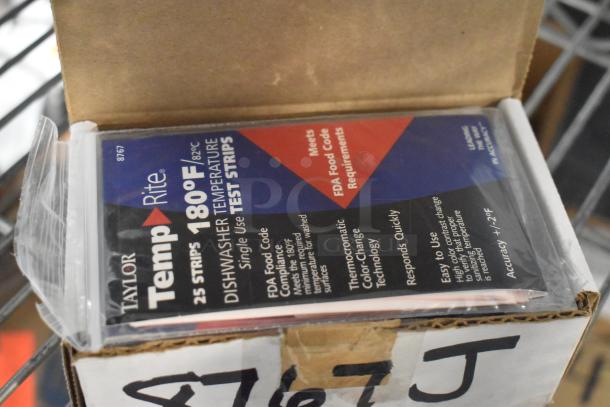 Taylor Temp Rite dishwasher temperature test strips, 180°F, single use, meets FDA requirements, brand new in packaging.