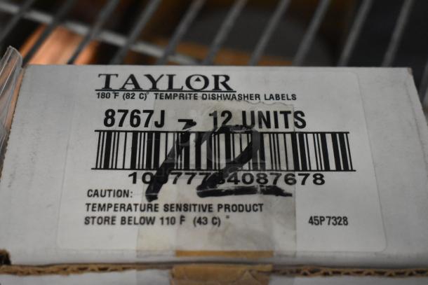 Box of 12 Taylor Temprite dishwasher labels, new condition, temperature-sensitive, store below 110°F, barcode visible.