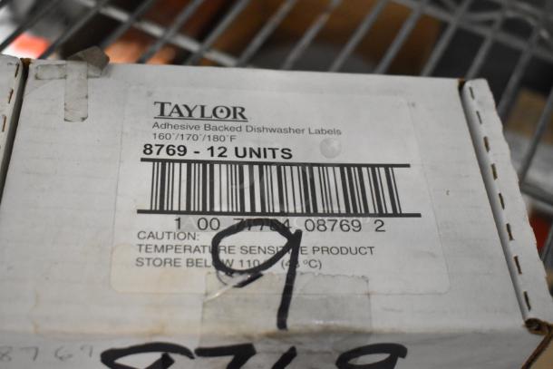 Box of Taylor adhesive dishwasher labels, 12 units, temperature sensitive. Brand new condition.