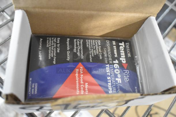 Box of Taylor TempRite dishwasher temperature test strips, 25 count, meets FDA requirements, brand new in packaging.