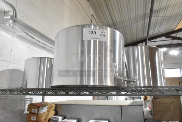 Four brand new metal stock pots, including Winco ASHP-26, on a shelf. Label shows auction quantity as x-4.