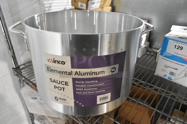 Winco ASHP-26 aluminum stock pot, 6mm thick, durable, fast heating, brand new. Includes label detailing features.