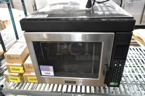 Brand new 2025 Amana RC17S2 stainless steel commercial microwave oven with push button controls, 208/240V, 1 phase.