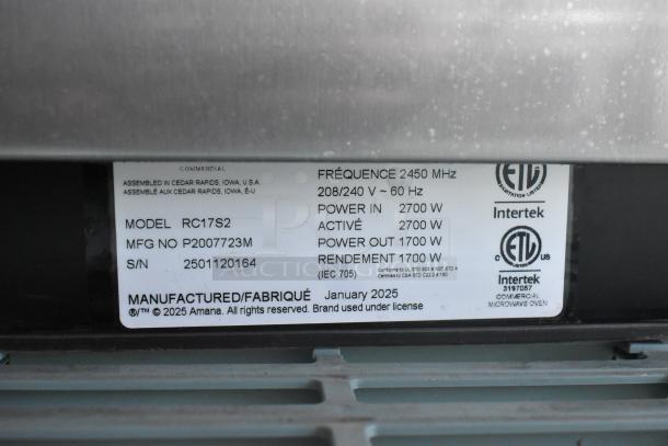 Brand new 2025 Amana RC17S2 heavy duty stainless steel commercial microwave oven, 208/240V, push button controls.
