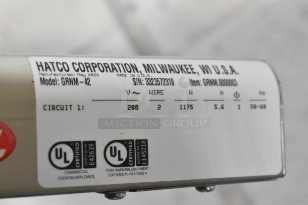 Hatco GRNM-42 Glo-Ray Narrow Max Infrared Strip Heater label, model GRNM-42, serial 3323572318, UL certified. Made May 2023.