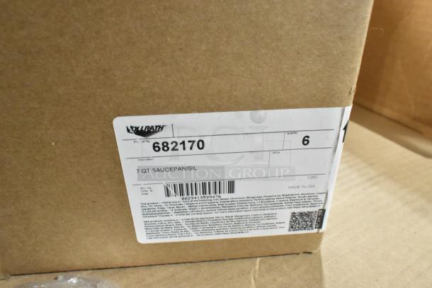Box with label showing 6 Vollrath 7 Qt sauce pans, model 682170, new condition, made in USA.