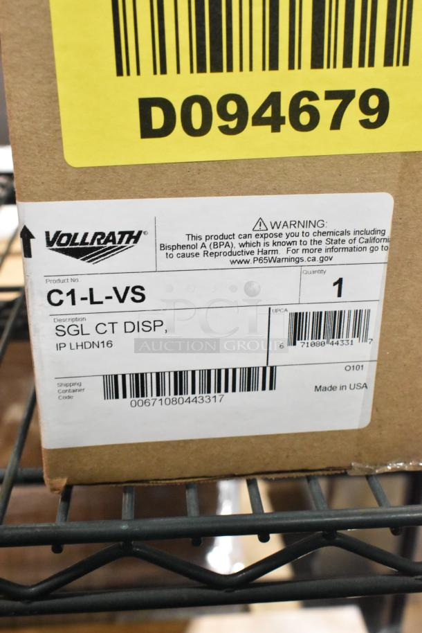 3 Brand New Vollrath C1-L-VS LidSaver in packaging. Box label shows product details and California BPA warning. Made in USA.