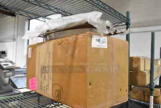 Cardboard box with Steelite DW64RFP2 round chafer food pans, brand new condition, quantity 4, auction item tag visible.