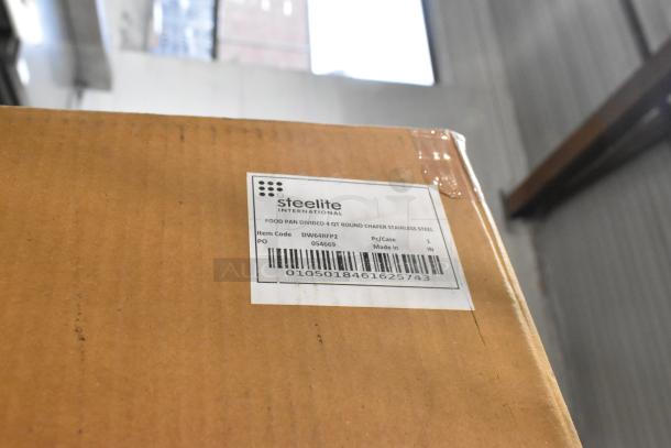 Brand new Steelite DW64RFP2 round chafer food pans in original box, stainless steel, item code visible.