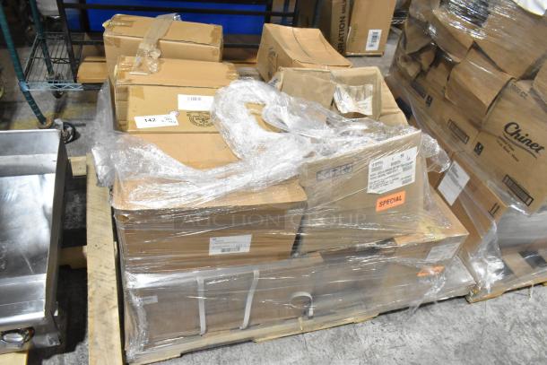 14 brand new kitchen items including boxed Steelite HL54200 plates, Wear-Ever 10181956 fry pans, and other dishware on pallet.