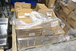 14 brand new kitchen items including boxed Steelite HL54200 plates, Wear-Ever 10181956 fry pans, and other dishware on pallet.