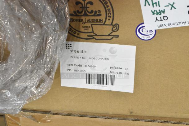 14 new items including Steelite HL54200 plates. Box label reads "Plate 7 1/4 Undecorated," made in China. Item code HL54200.