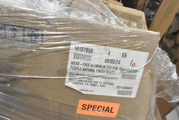 Cardboard box containing Wear-Ever Aluminum Fry Pan 10181956, labeled with item specifics and "SPECIAL" sticker. Plastic wrapped.