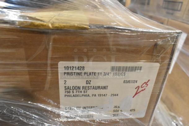 14 brand new items including Steelite HL54200 and 10121428 plates, Wear-Ever 10181956 fry pans. Box label shows details.