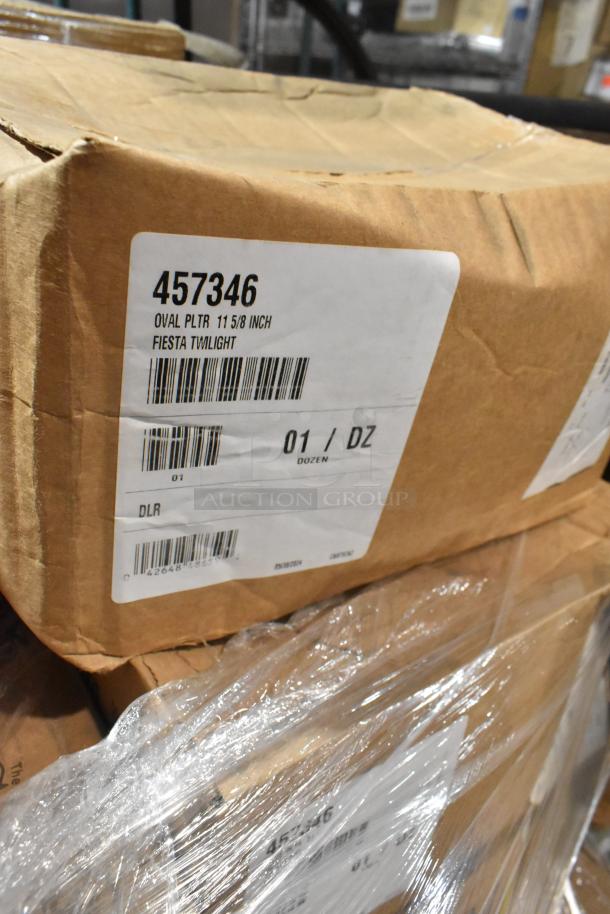 Box labeled "457346 Oval Pltr 11 5/8 Inch Fiesta Twilight," part of a lot containing 14 new items, including Steelite and Wear-Ever products.