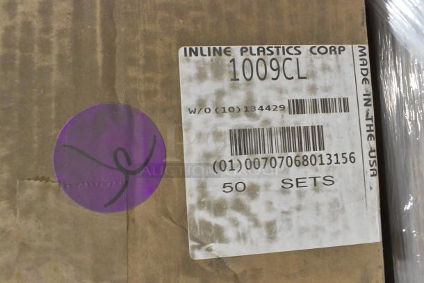 Cardboard box labeled "Inline Plastics Corp 1009CL, Made in the USA," containing 50 sets. Includes barcode and order number.