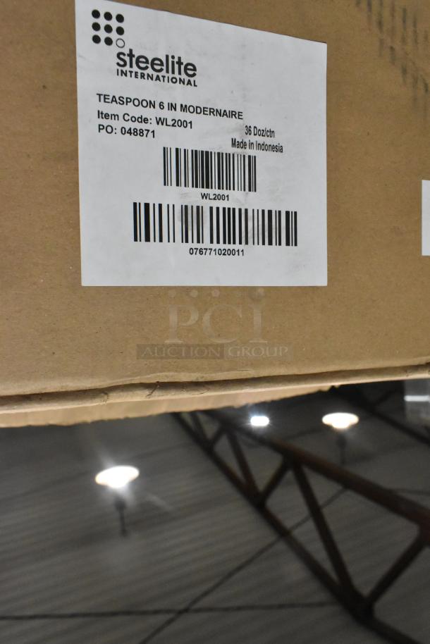 Steelite 6" Modernaire teaspoons, 36 dozen per box, new, item code WL2001, made in Indonesia, ready for auction.