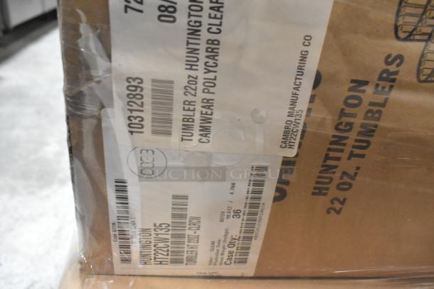 Box labeled with "Cambro Manufacturing Co" and "Huntington 22oz Tumblers," featuring item codes 10312893 and HT22CW135.