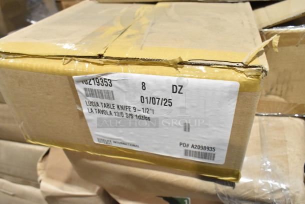 Sealed box of 10219353 Lucia Table Knives, 9.5", 12 per case. Label shows product details and quantity.