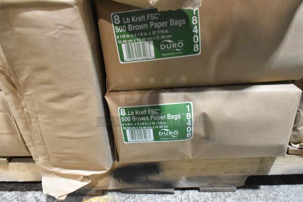 8 lb Kraft FSC brown paper bags, 500 count, by Duro, on a pallet; item code 18408, Florence, KY, USA.