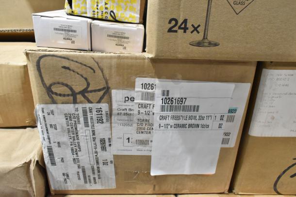 47 brand new items including Lucia Table Knives, Kraft Brown Paper Bags, Craft Freestyle Bowls, and Steelite Platmug Cafe Mugs in original packaging. Boxes labeled with item details and barcodes.