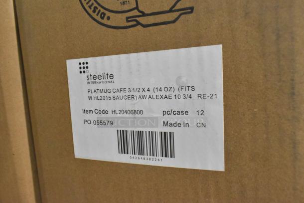 Steelite Platmug Cafe, 14 oz, item code HL20406800. Made in China, 12 pcs/case. Box label with barcode visible.